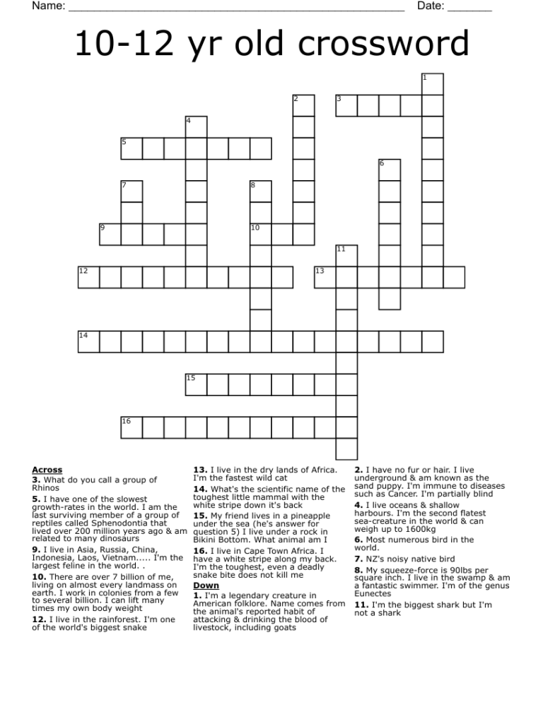 10 12 Yr Old Crossword WordMint