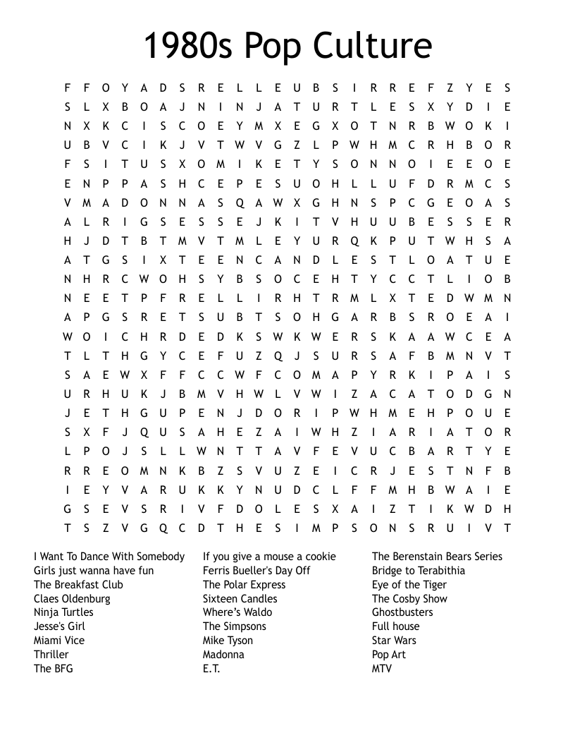 1980s Pop Culture Word Search WordMint