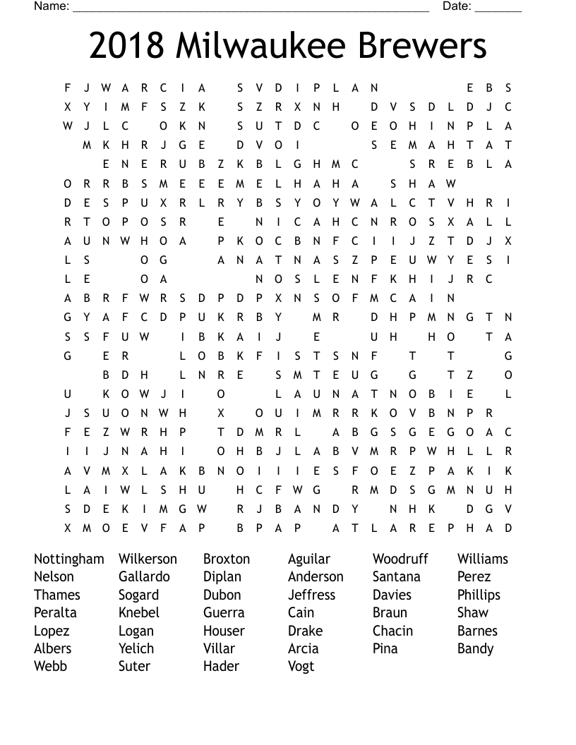 2018 Milwaukee Brewers Word Search WordMint