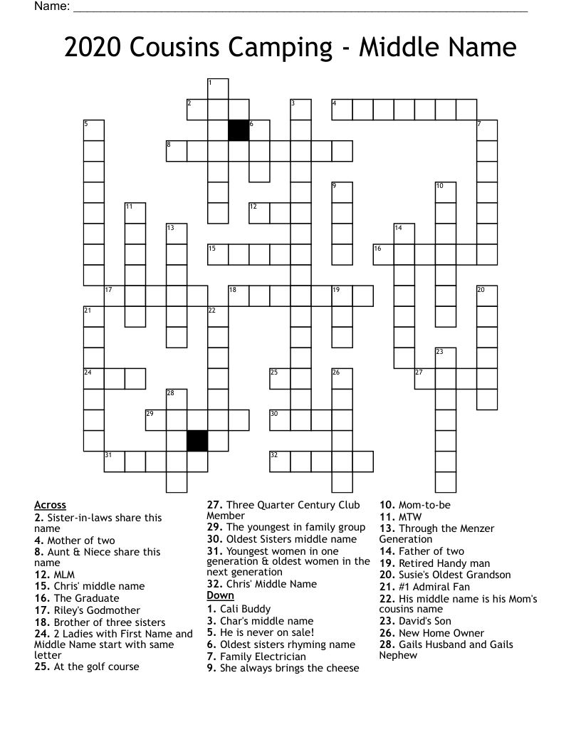 2020 Cousins Camping Middle Name Crossword WordMint