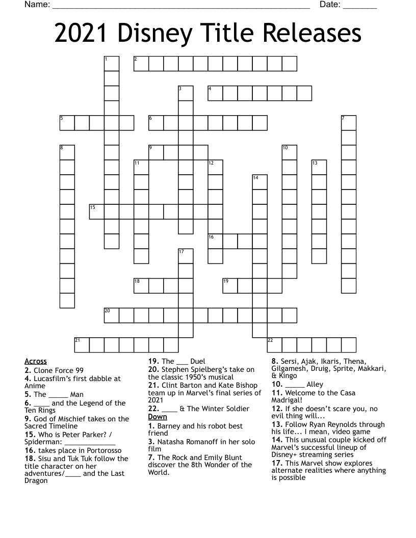 2021 Disney Title Releases Crossword WordMint