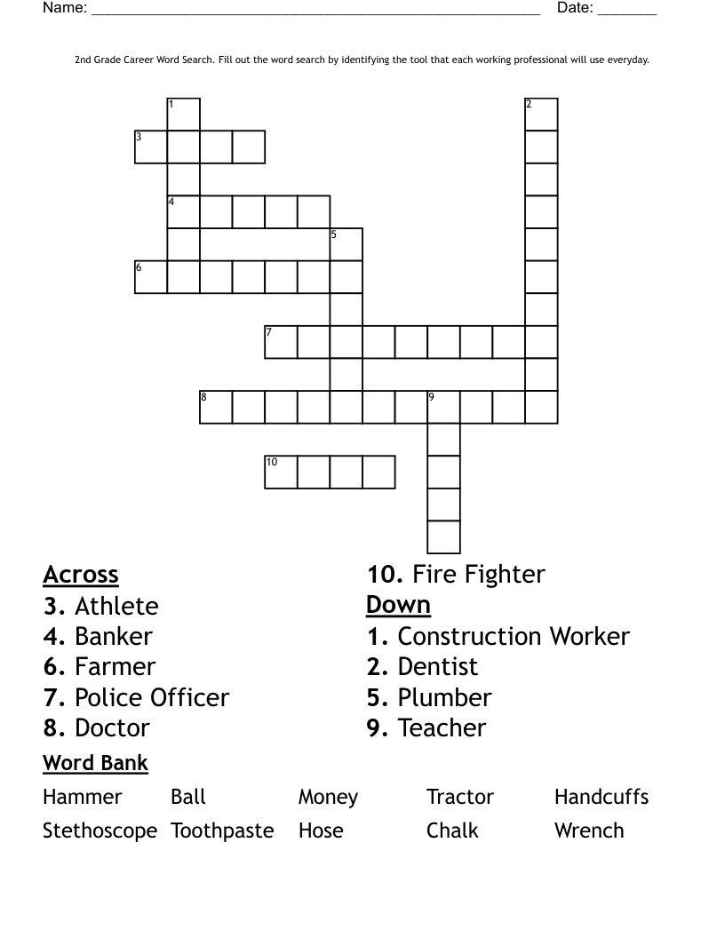 2nd Grade Career Word Search Fill Out The Word Search By Identifying The Tool That Each Working Professional Will Use Everyday Crossword WordMint