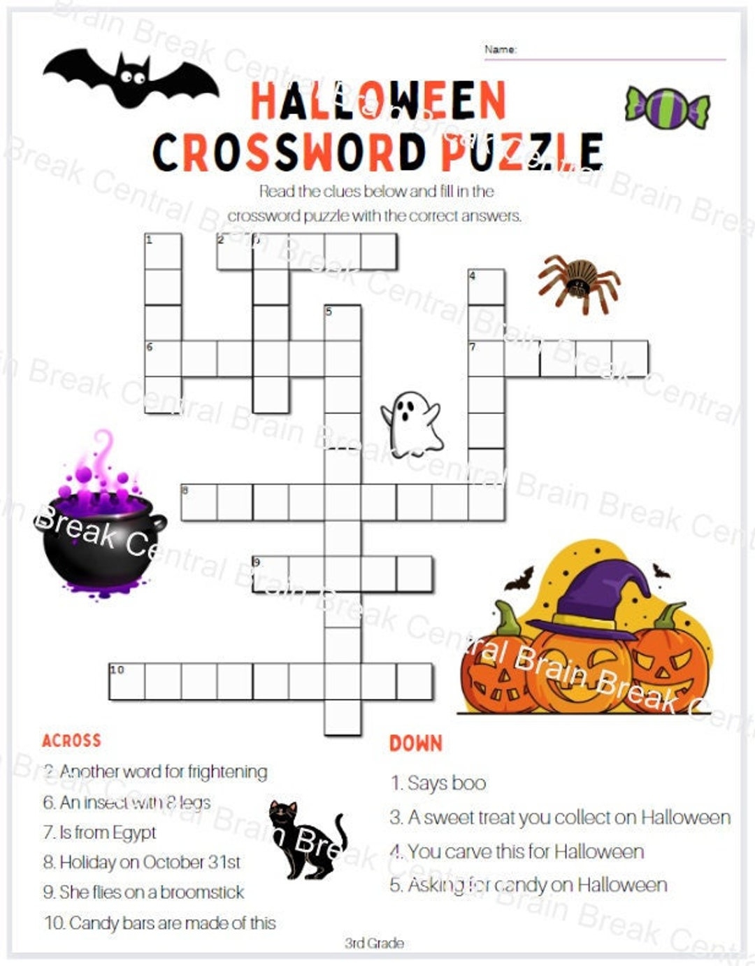 3rd Grade Halloween Crossword Puzzle With Answer Key Etsy Australia