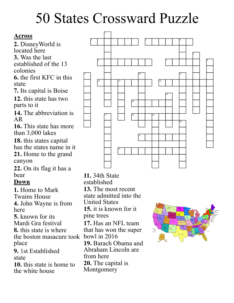 50 States Crossward Puzzle Crossword WordMint