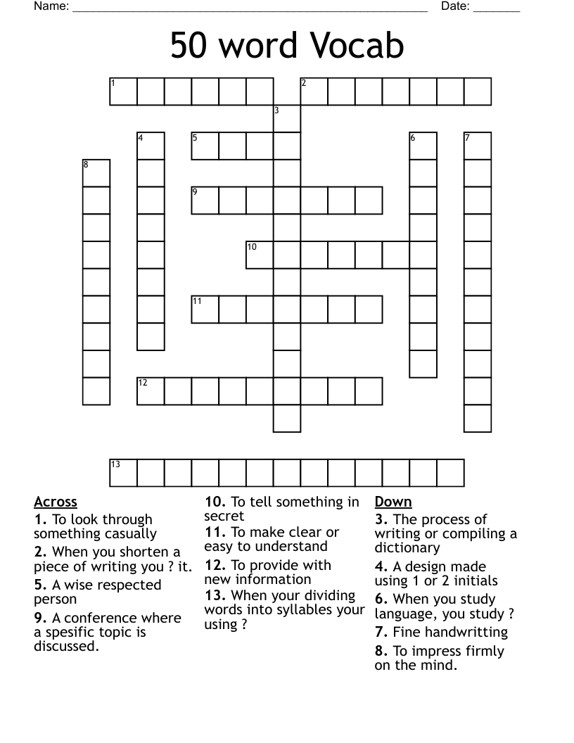 50 Word Vocab Crossword WordMint