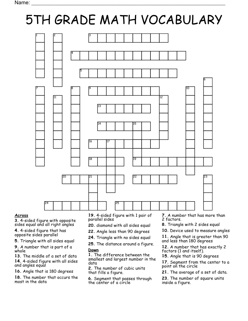 5TH GRADE MATH VOCABULARY Crossword WordMint