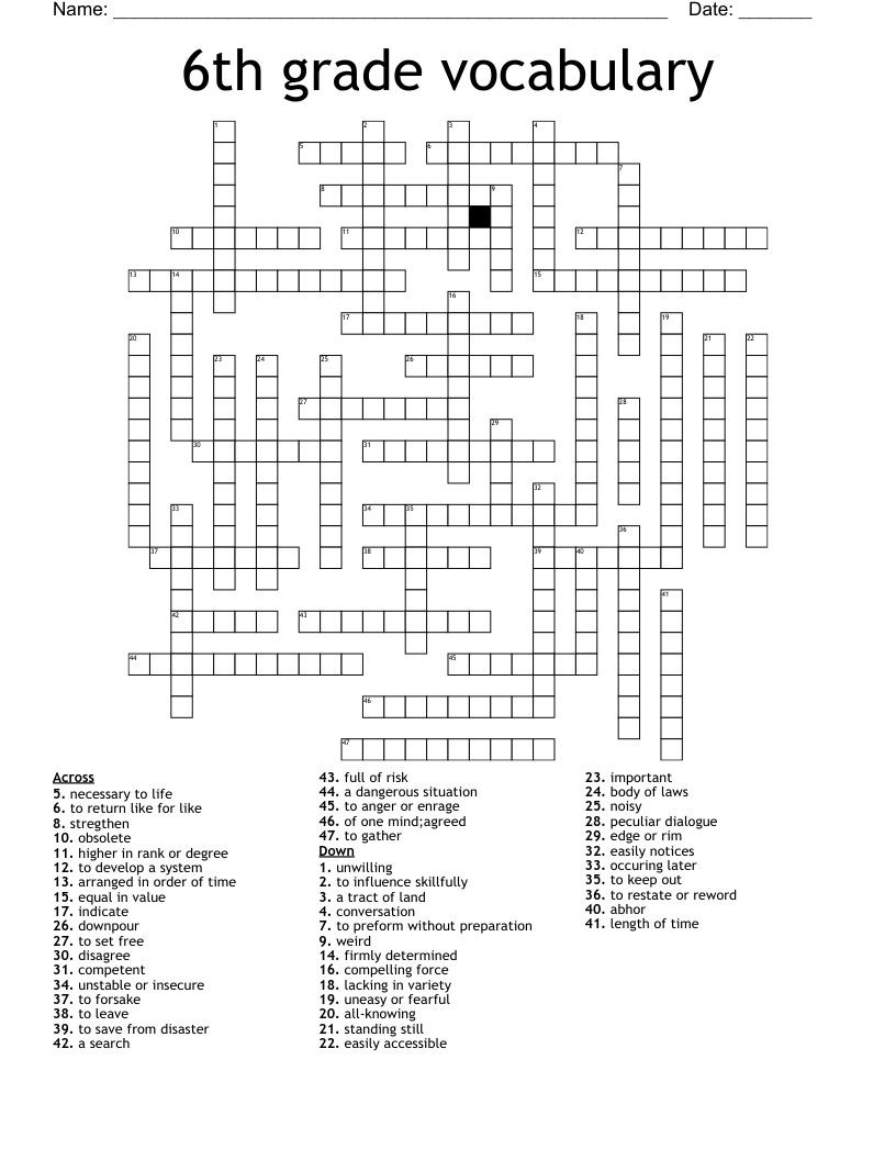 6th Grade Vocabulary Crossword WordMint Worksheets Library