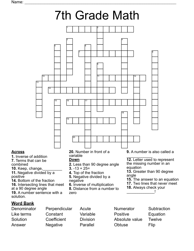 7th Grade Math Crossword WordMint 7th Grade Math Crossword WordMint