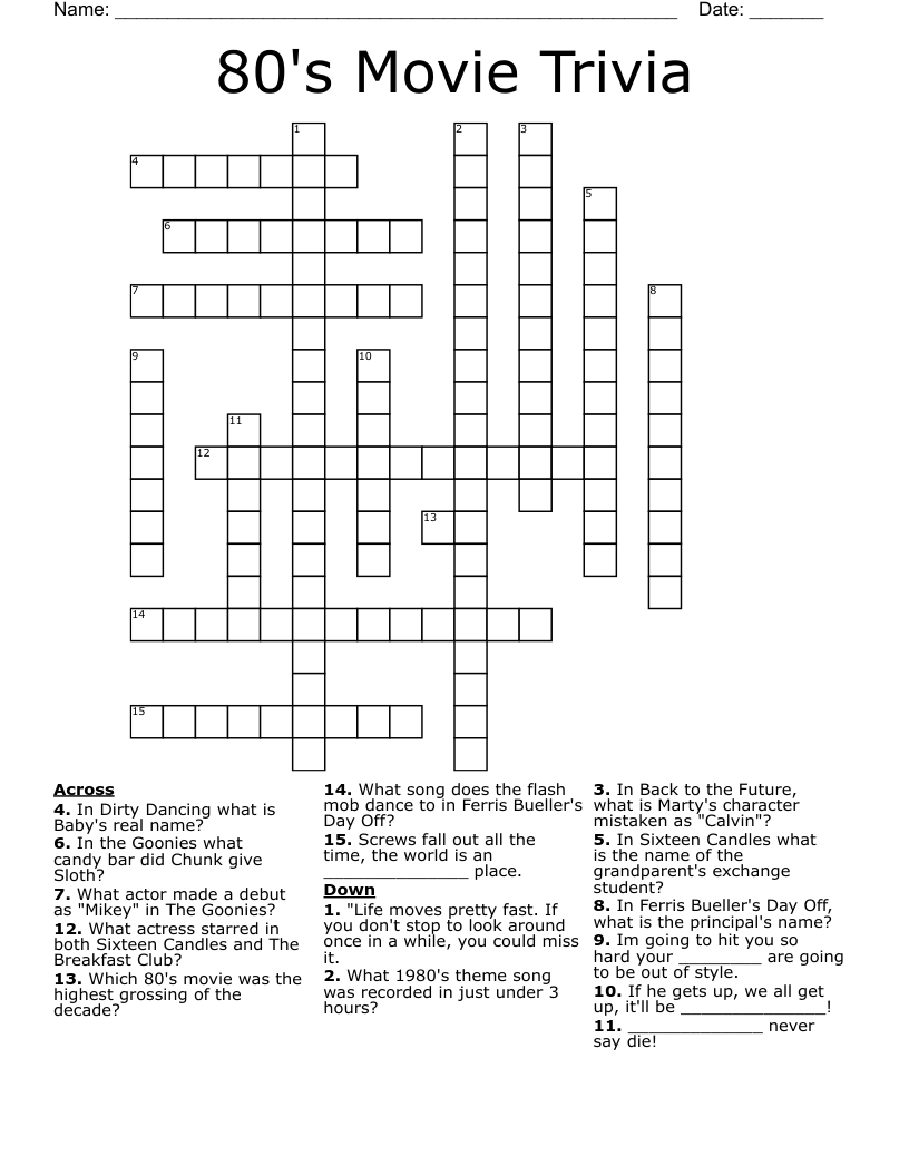 80 s Movie Trivia Crossword WordMint