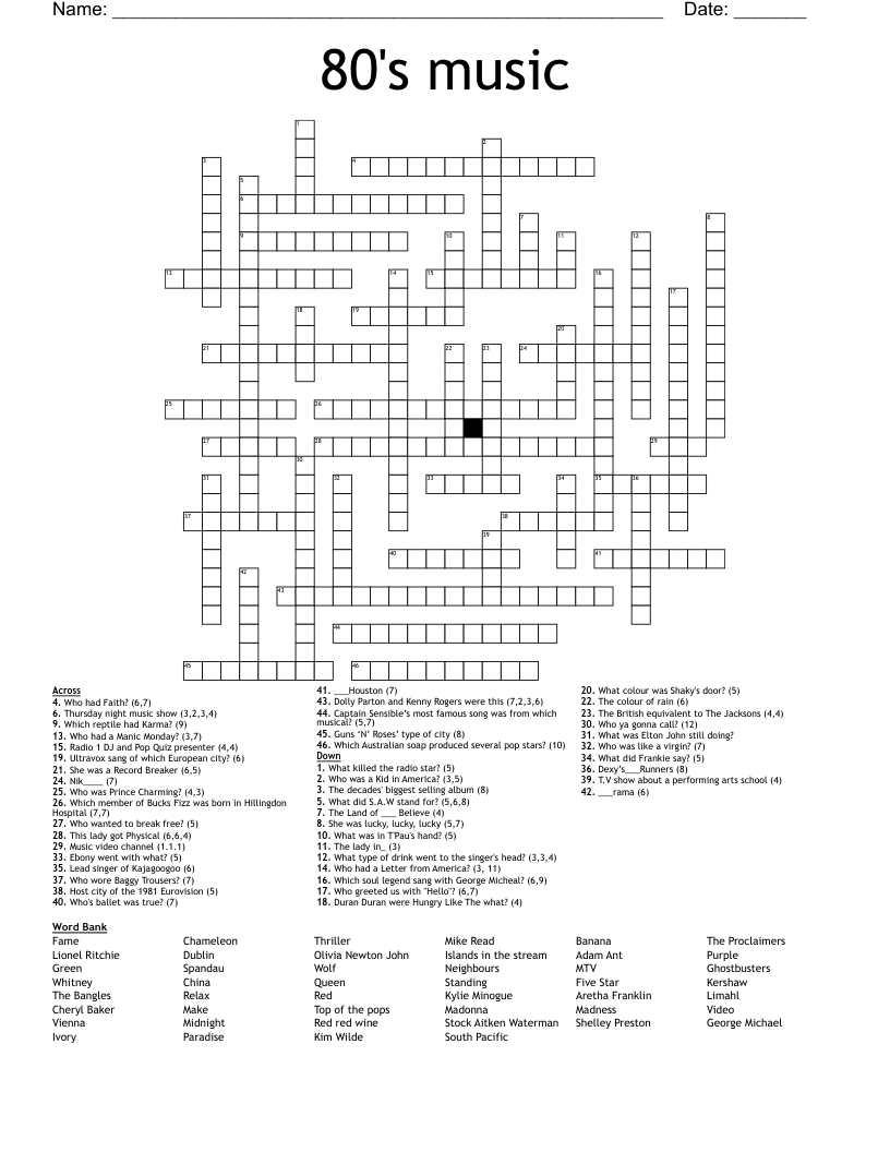 80 s Music Crossword WordMint