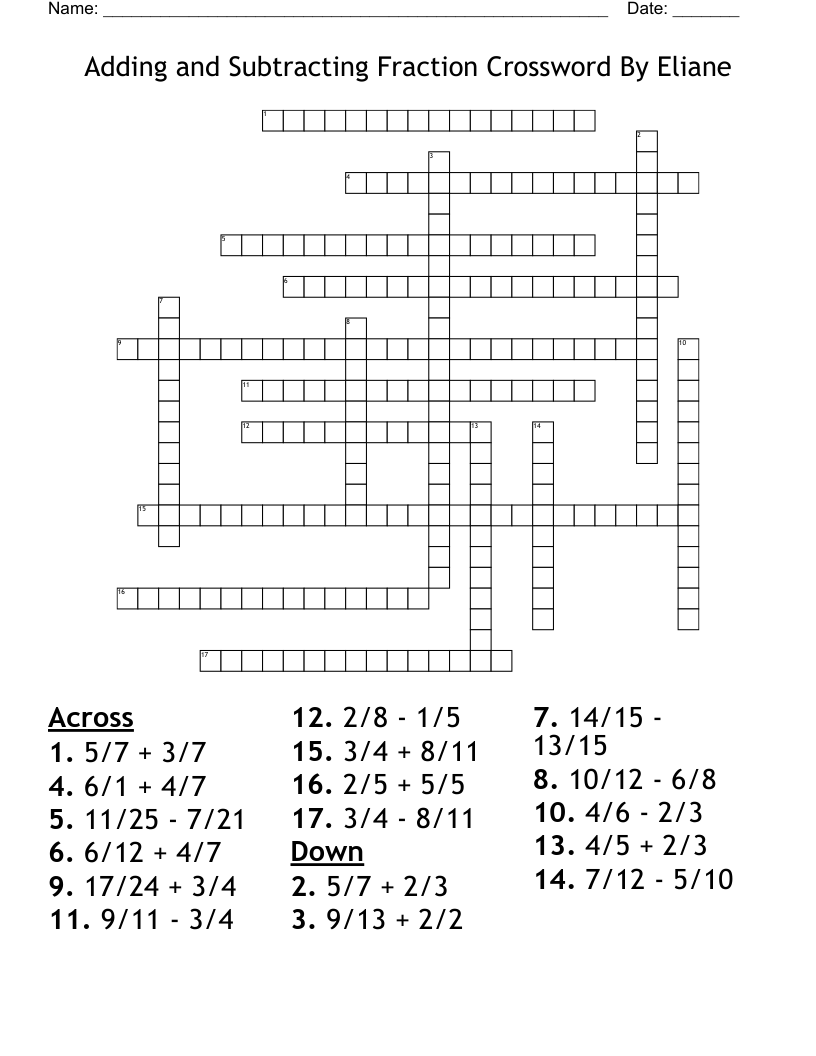 Adding And Subtracting Fraction Crossword By Eliane WordMint