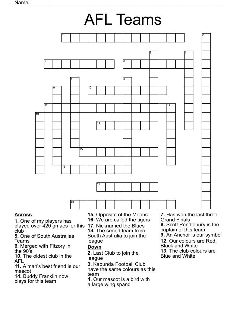 AFL Teams Crossword WordMint