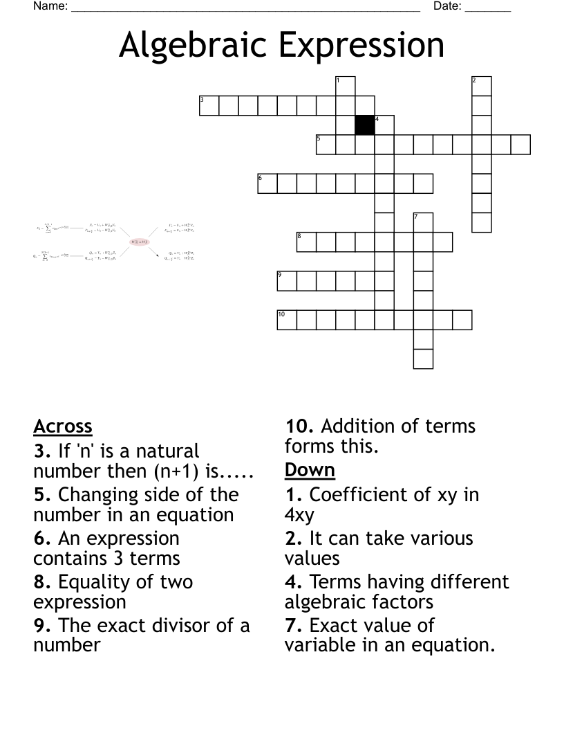 Algebraic Expression Crossword WordMint