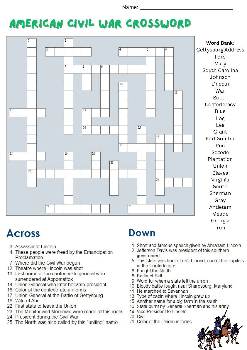 American Civil War Crossword Puzzle With Answer Key By Stokes Scholars