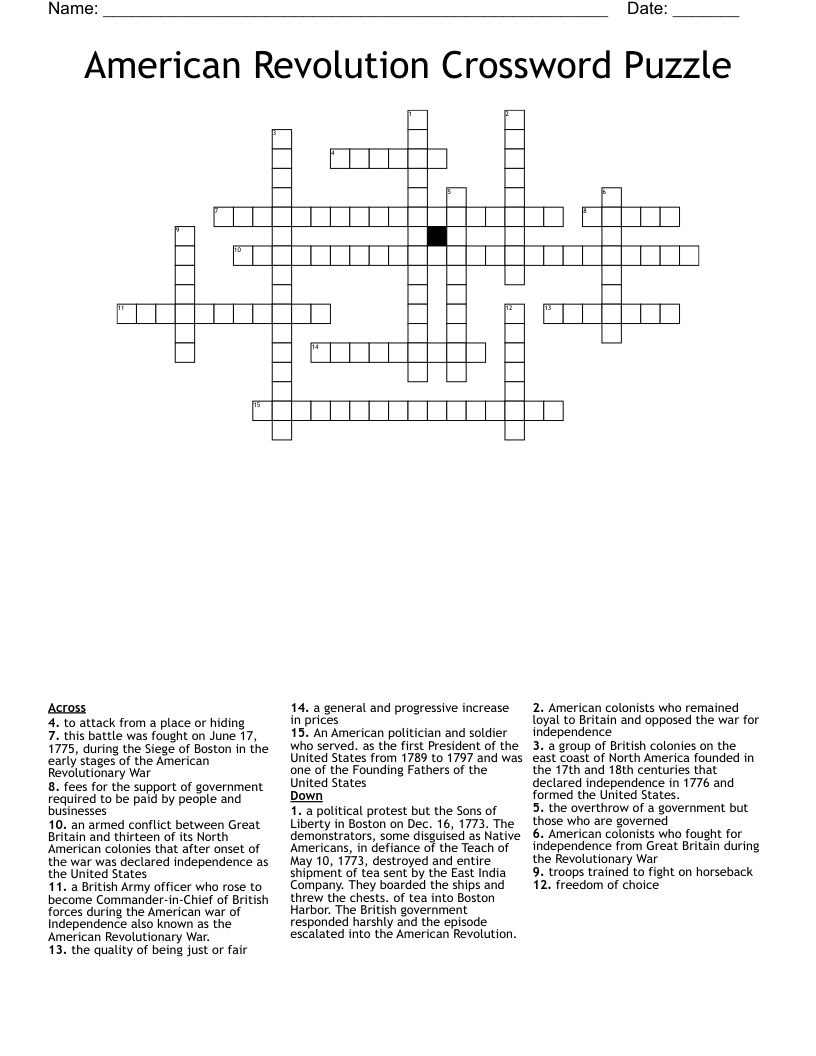 American Revolution Crossword Puzzle WordMint