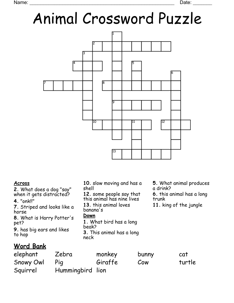Animal Crossword Puzzle WordMint