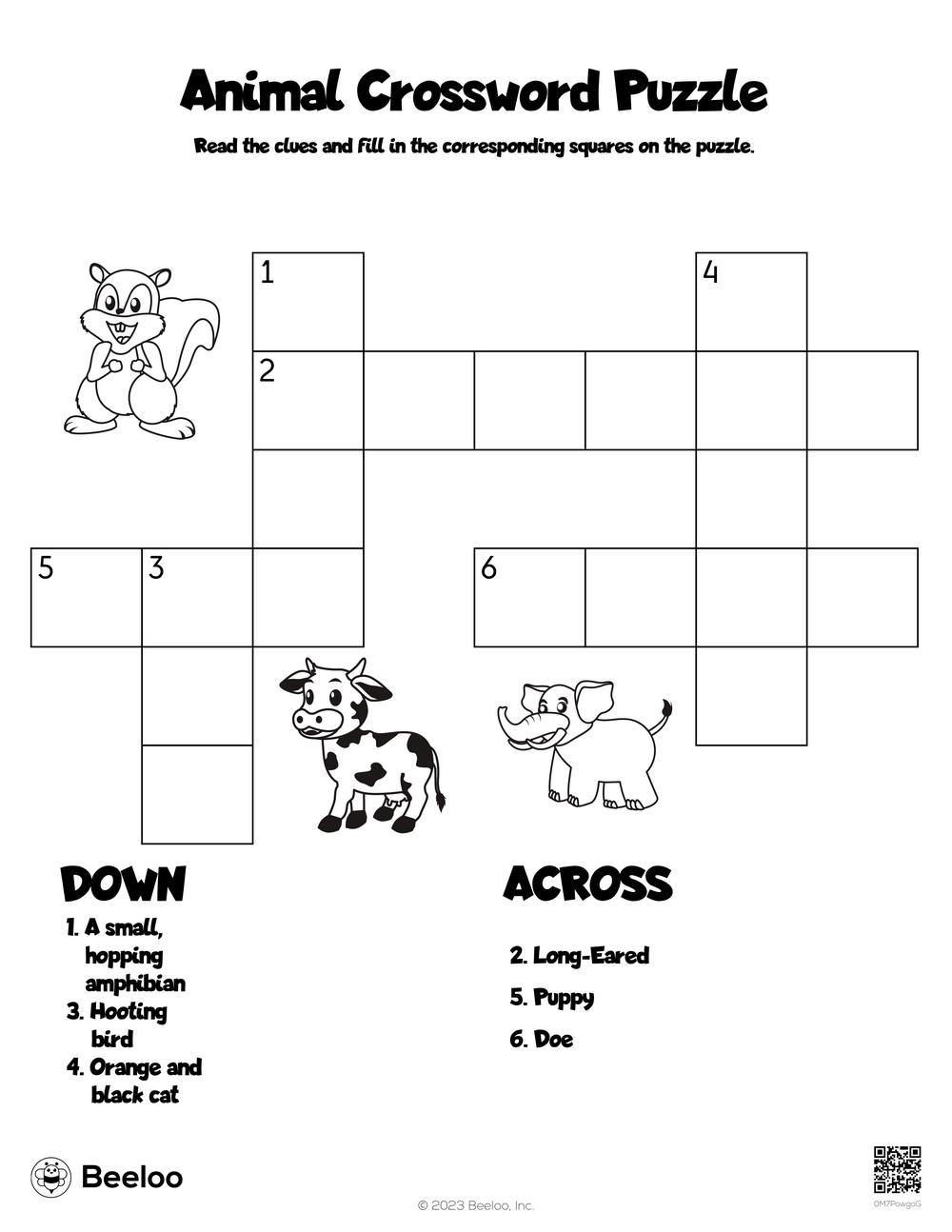 printable animal crossword with answers for adults