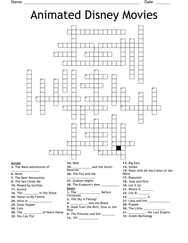 Animated Disney Movies Crossword WordMint