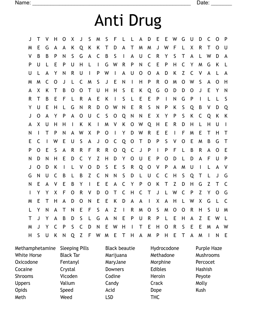 Anti Drug Word Search WordMint