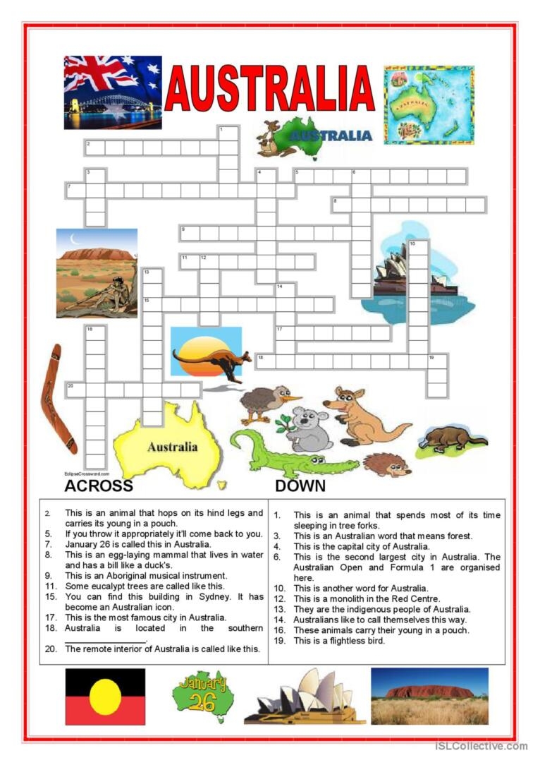 Australia Crossword 2 English ESL Worksheets Pdf Doc