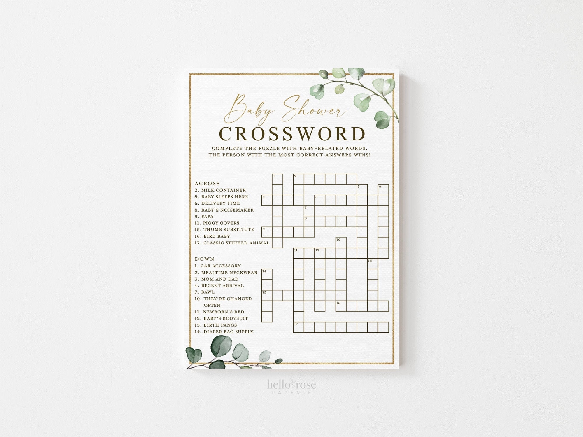 Baby Shower Crossword Printable Game Greenery And Gold Boho Rustic Baby Shower Game Instant Download PDF G2 Etsy