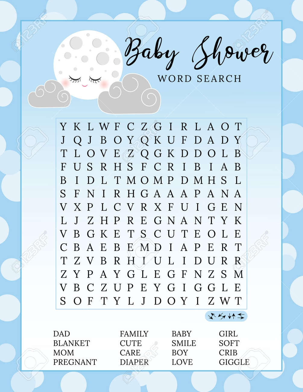 Baby Shower Word Search Puzzle Game Printable Party Card Activities Ideas Supplies Cute Moon And Clouds Royalty Free SVG Cliparts Vectors And Stock Illustration Image 173674314 