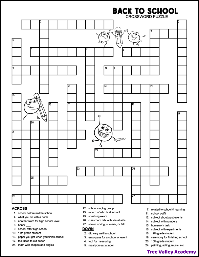 Back To School Crossword Middle School Tree Valley Academy