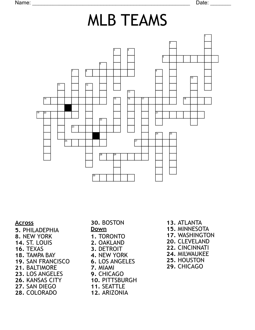 BASEBALL TEAMS Crossword WordMint