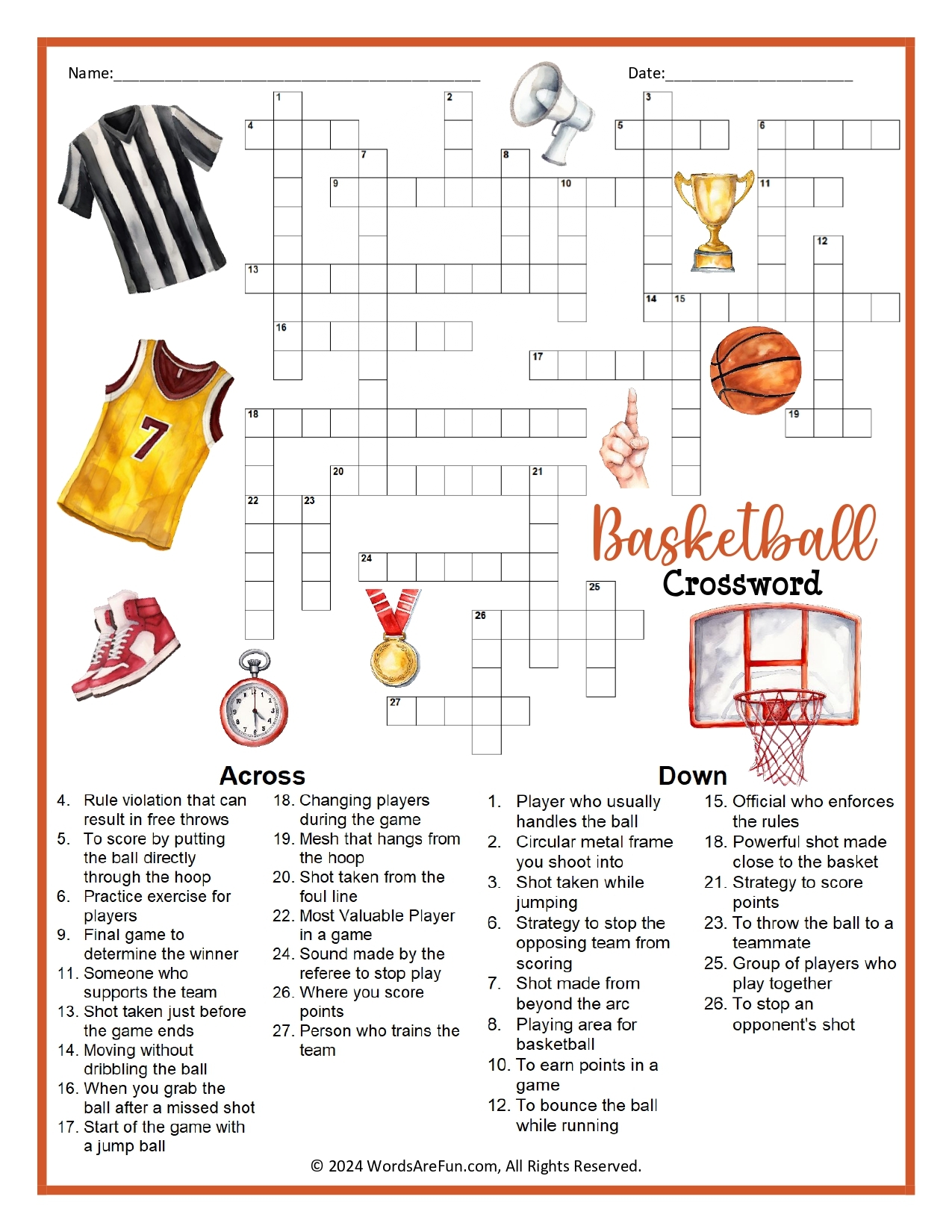 free printable basketball crossword puzzles