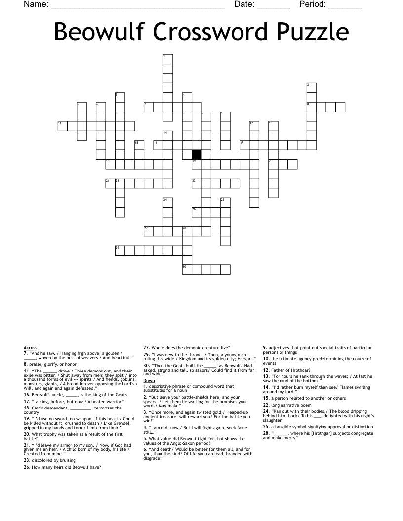 Beowulf Crossword Puzzle WordMint