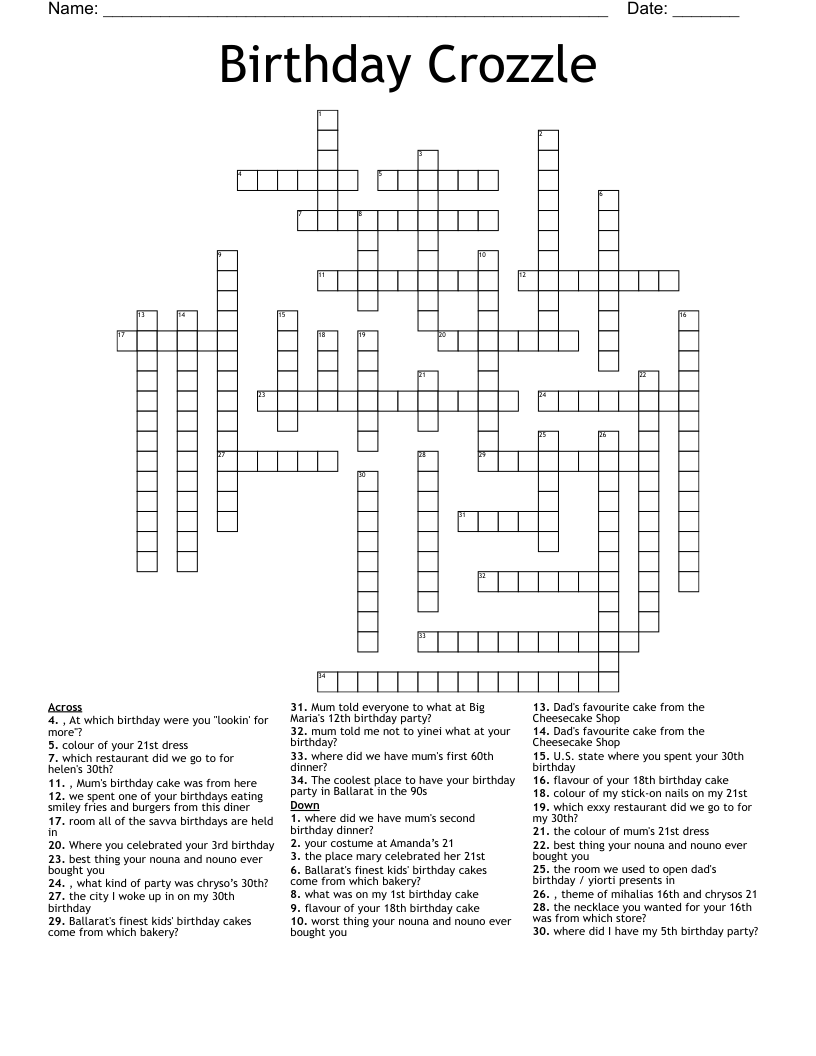 birthday crossword puzzles free printable