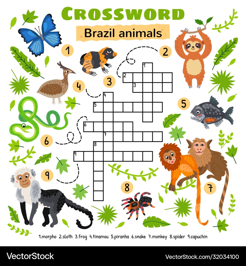Brazil Animals Crossword Game For Preschool Kids Vector Image