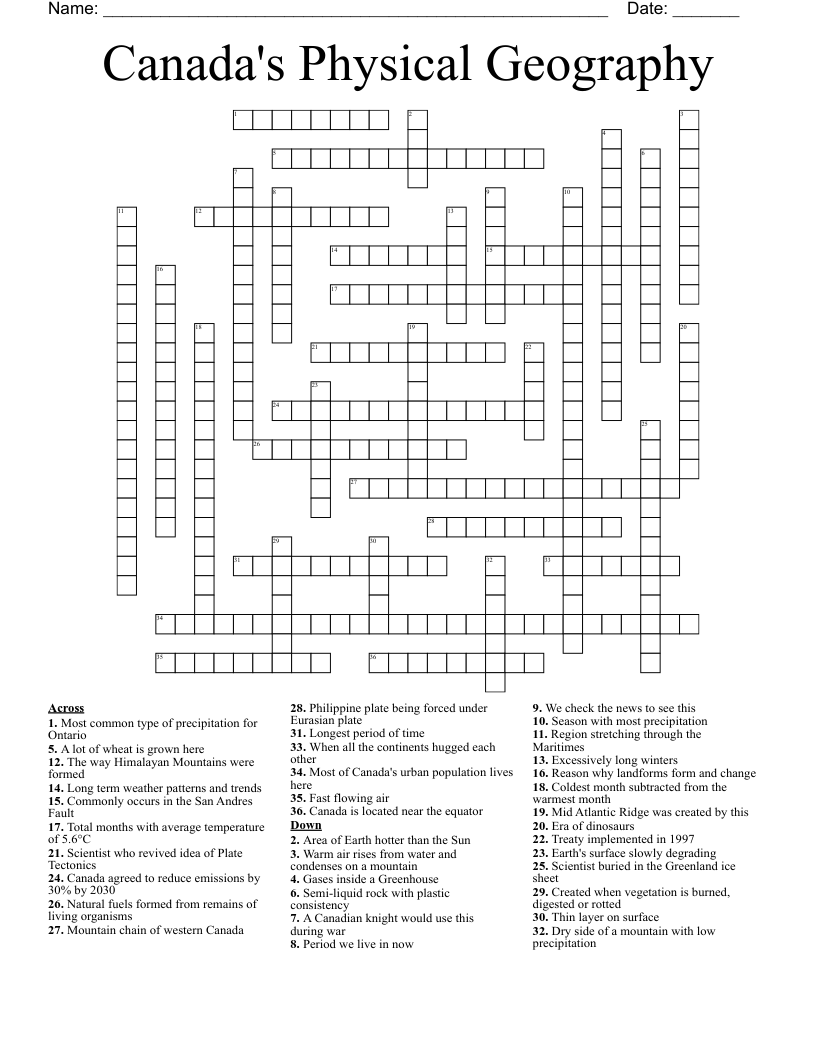 Canada s Physical Geography Crossword WordMint