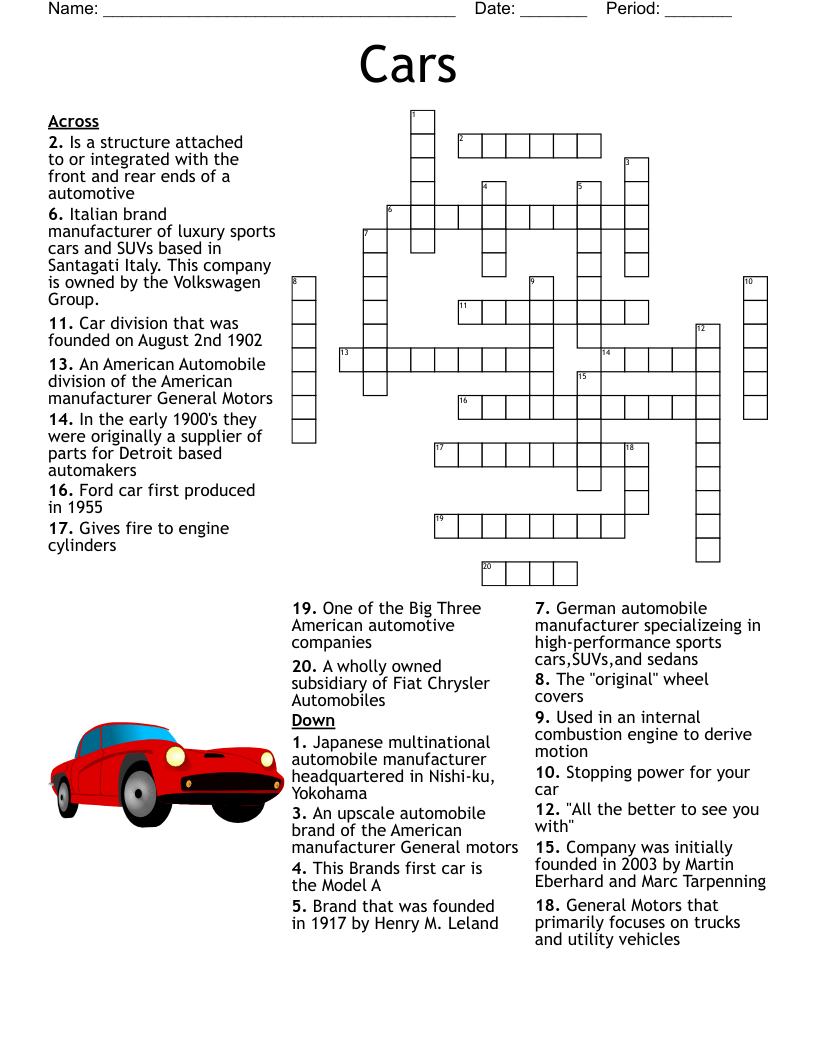 Cars Crossword WordMint