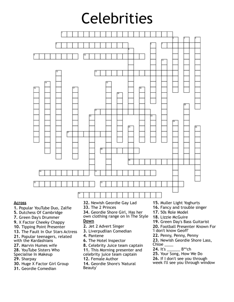 Celebrities Crossword WordMint