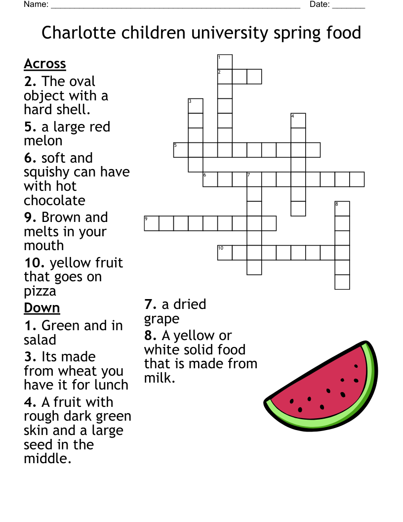 Charlotte Children University Spring Food Crossword WordMint