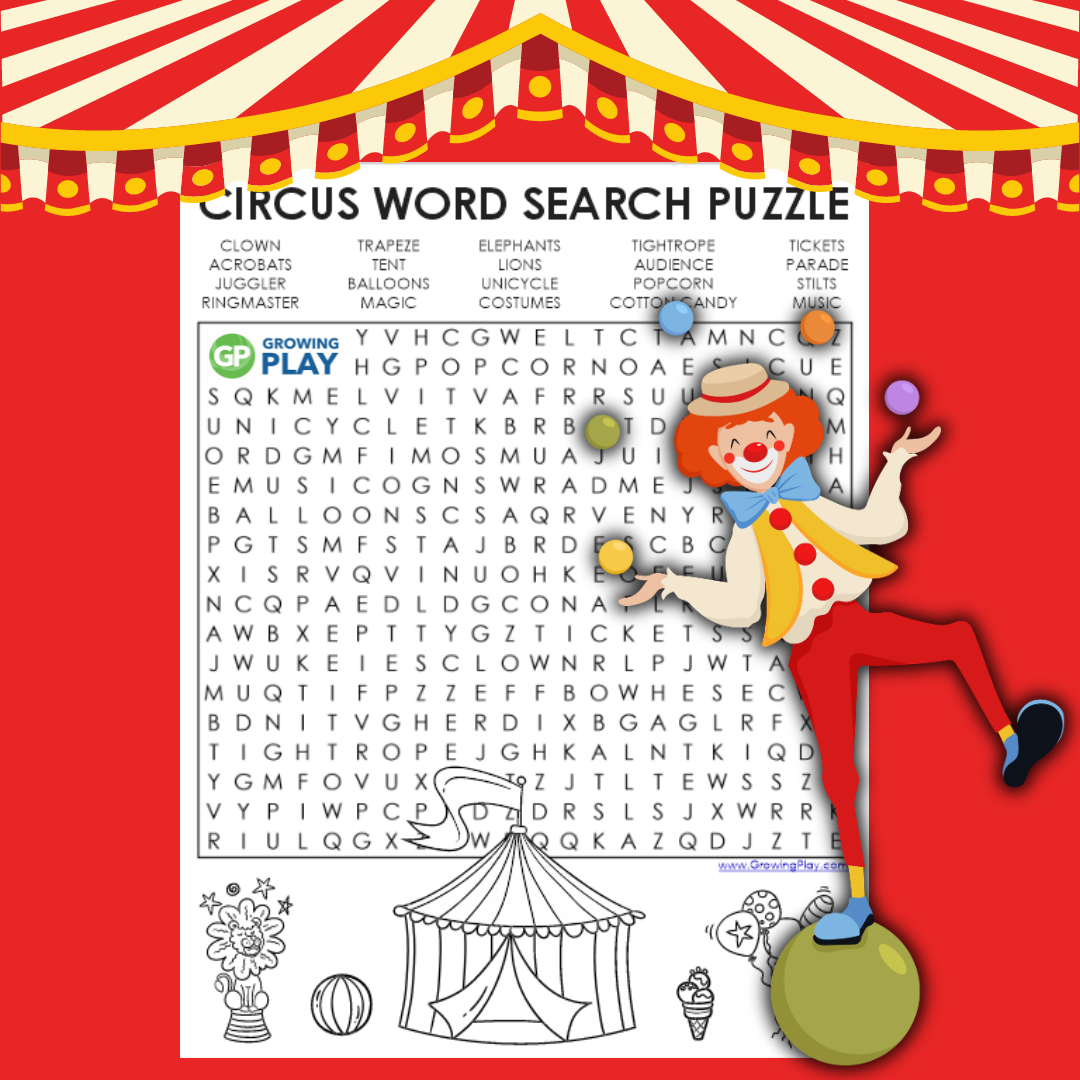 Circus Word Search Printable Free Growing Play