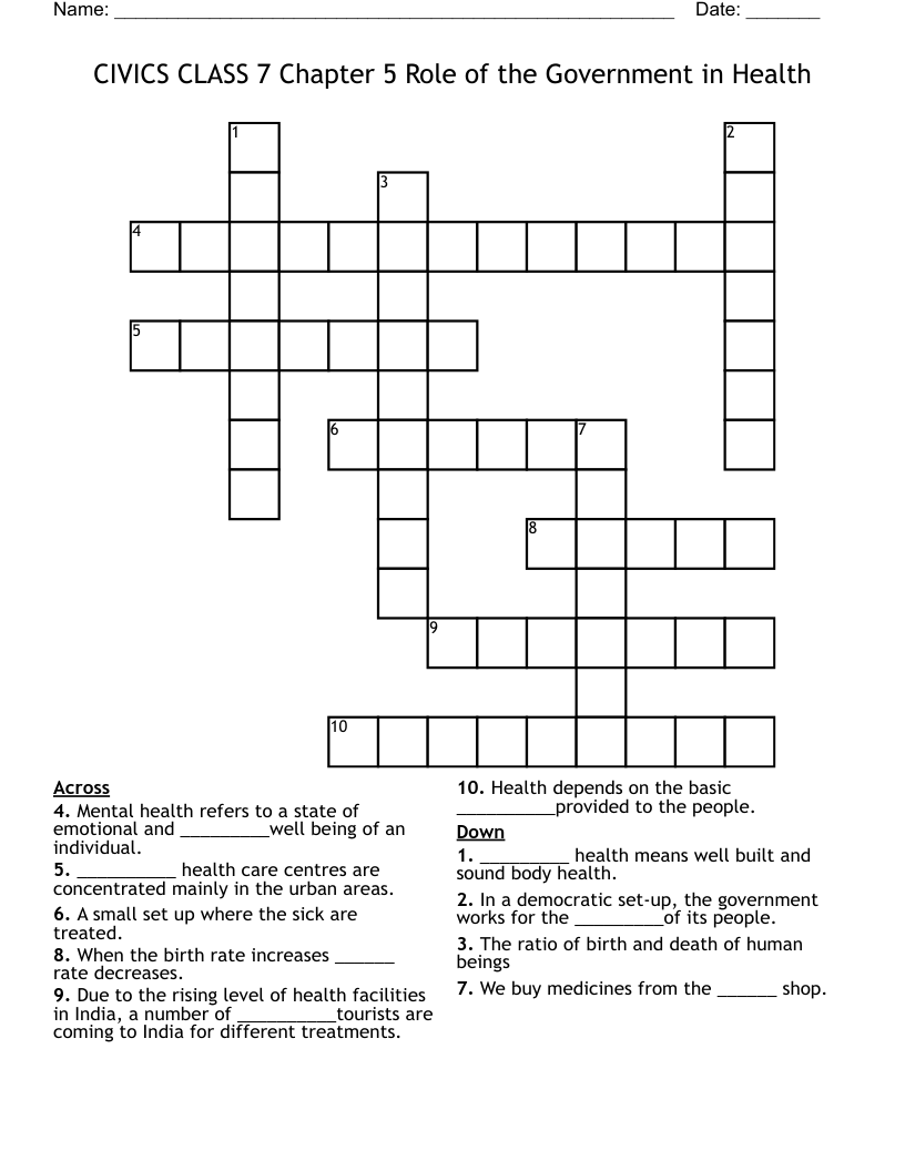CIVICS CLASS 7 Chapter 5 Role Of The Government In Health Crossword WordMint