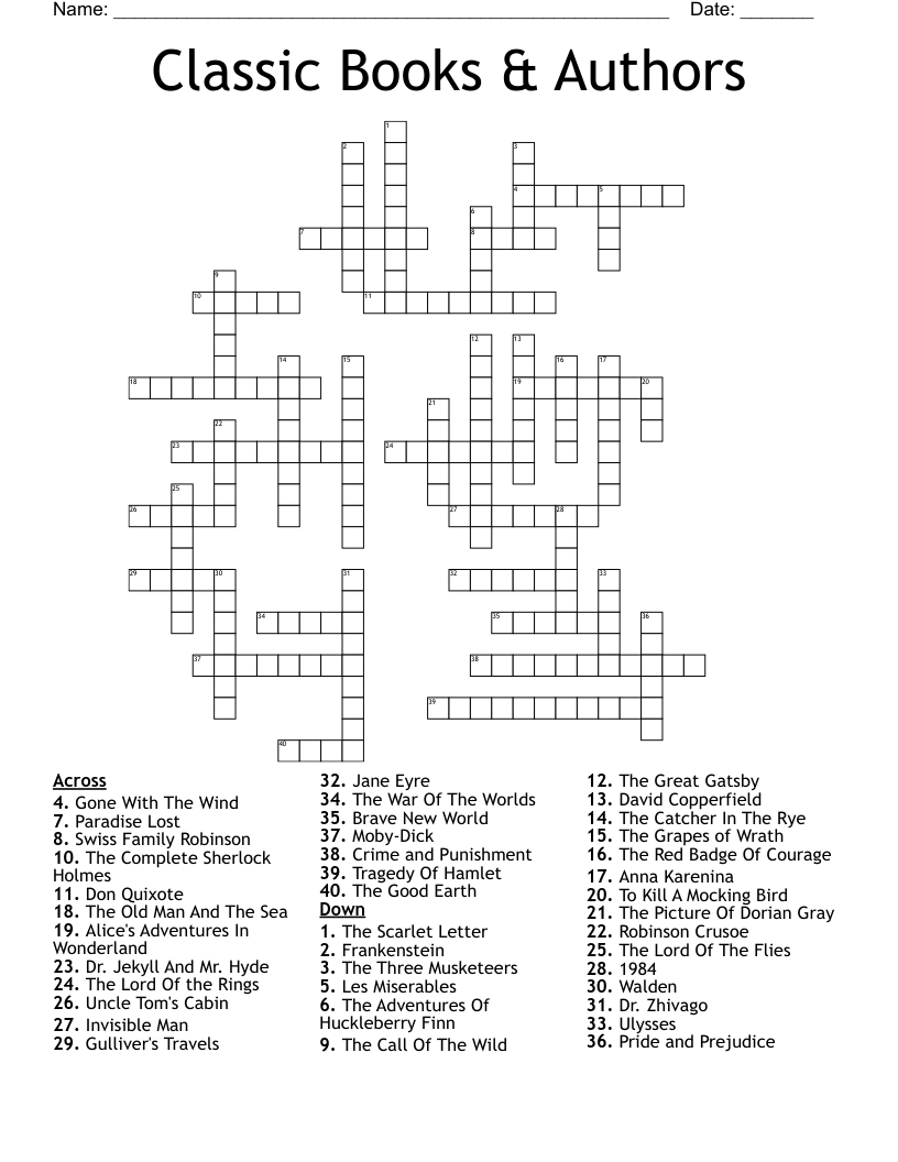 Classic Books Authors Crossword WordMint