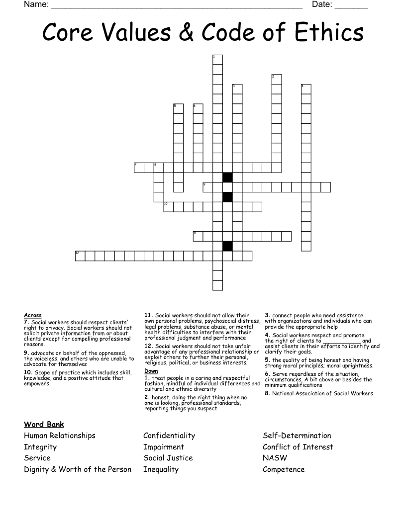 Core Values Code Of Ethics Crossword WordMint