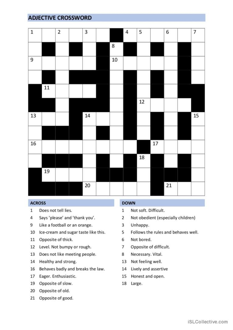 Crossword Intermediate adjectives English ESL Worksheets Pdf Doc