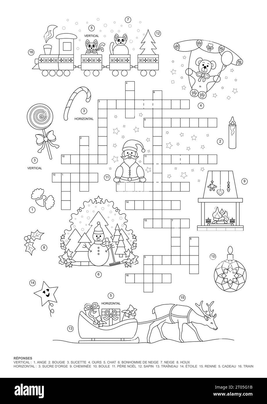 Crossword Puzzle Christmas Theme Game And Coloring Page French Language Vector Illustration Stock Vector Image Art Alamy