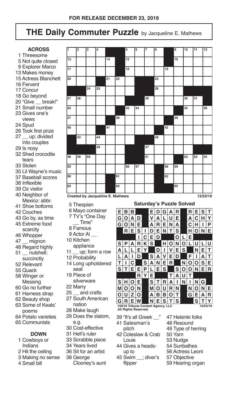 Crosswords December 23 2019 Crosswords Redandblack