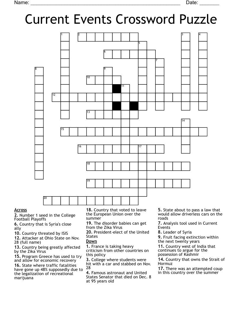 Current Events Crossword Puzzle WordMint