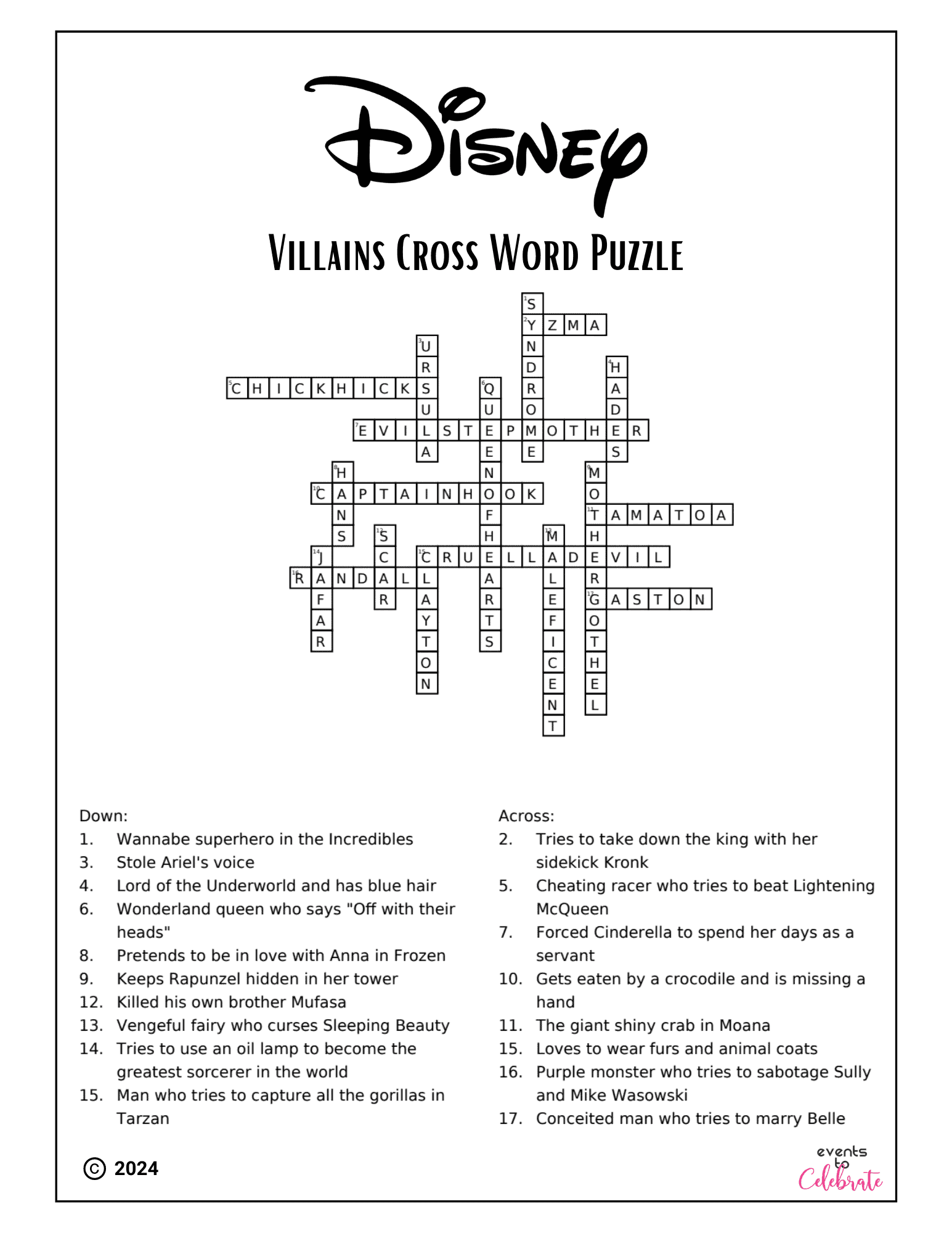 Disney Crossword Puzzles For Kids Villains And Heroes Party Ideas For Real People