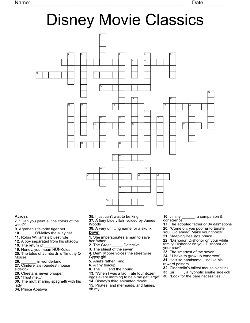 Disney Movie Classics Crossword WordMint