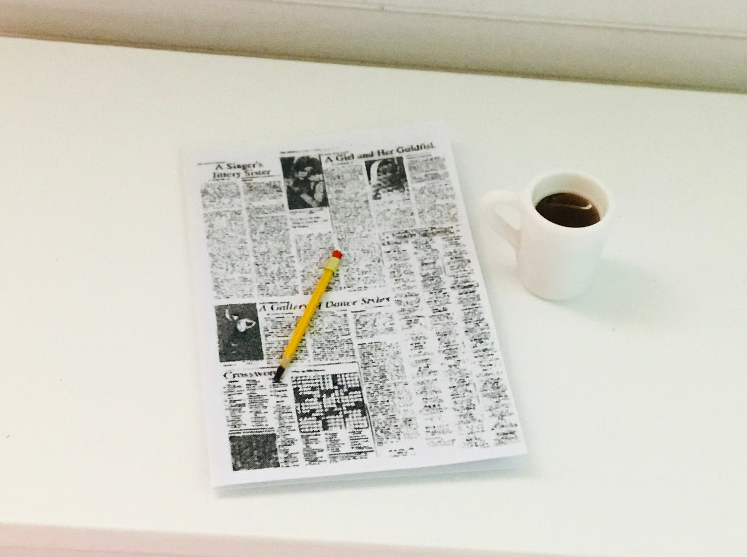 Dollhouse Miniature Newspaper With Crossword Puzzle Pencil And Cup Of Coffee 1 12 Scale Etsy