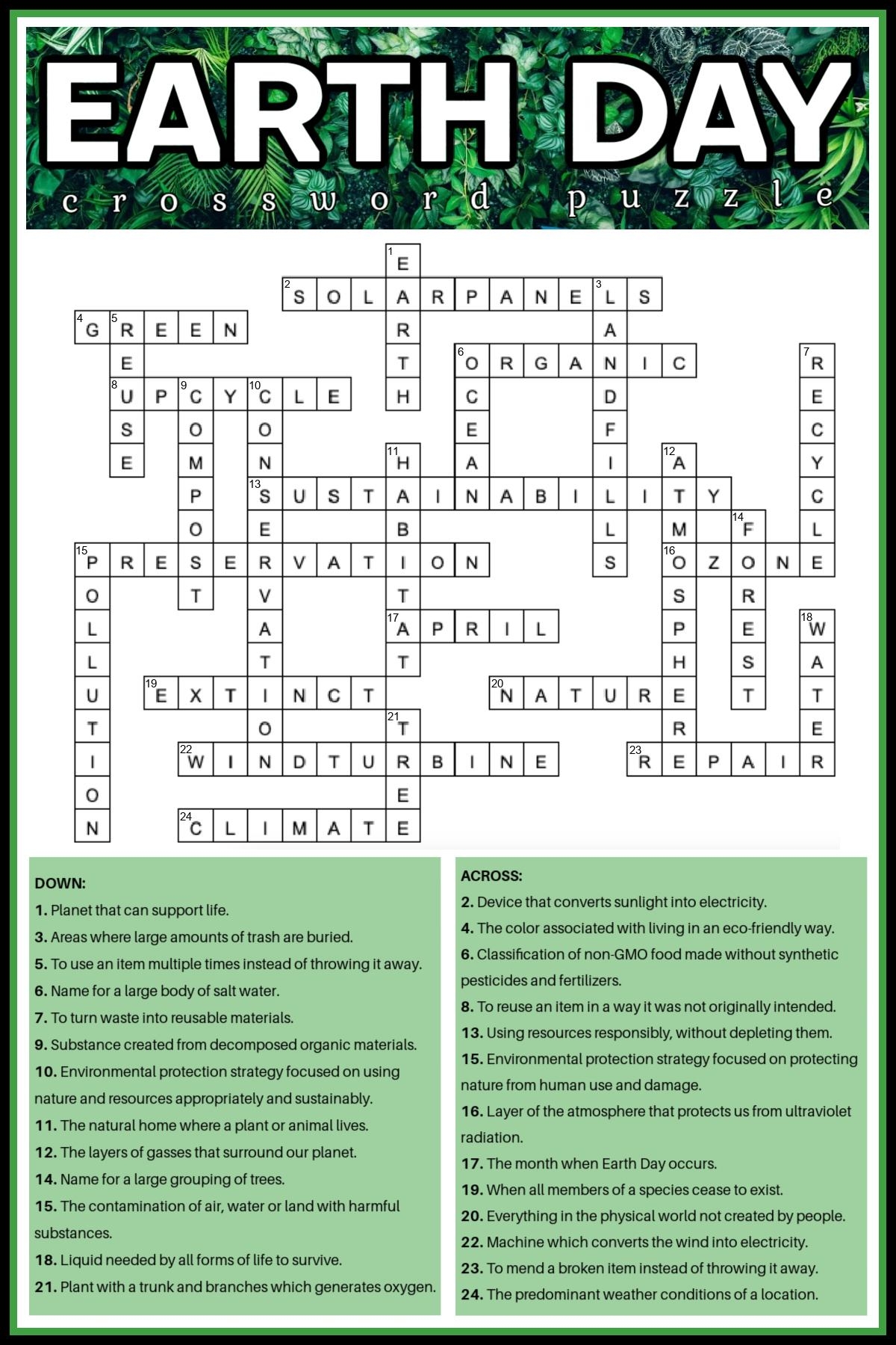 Earth Day Crossword Puzzle Free Earth Day Printable Answers