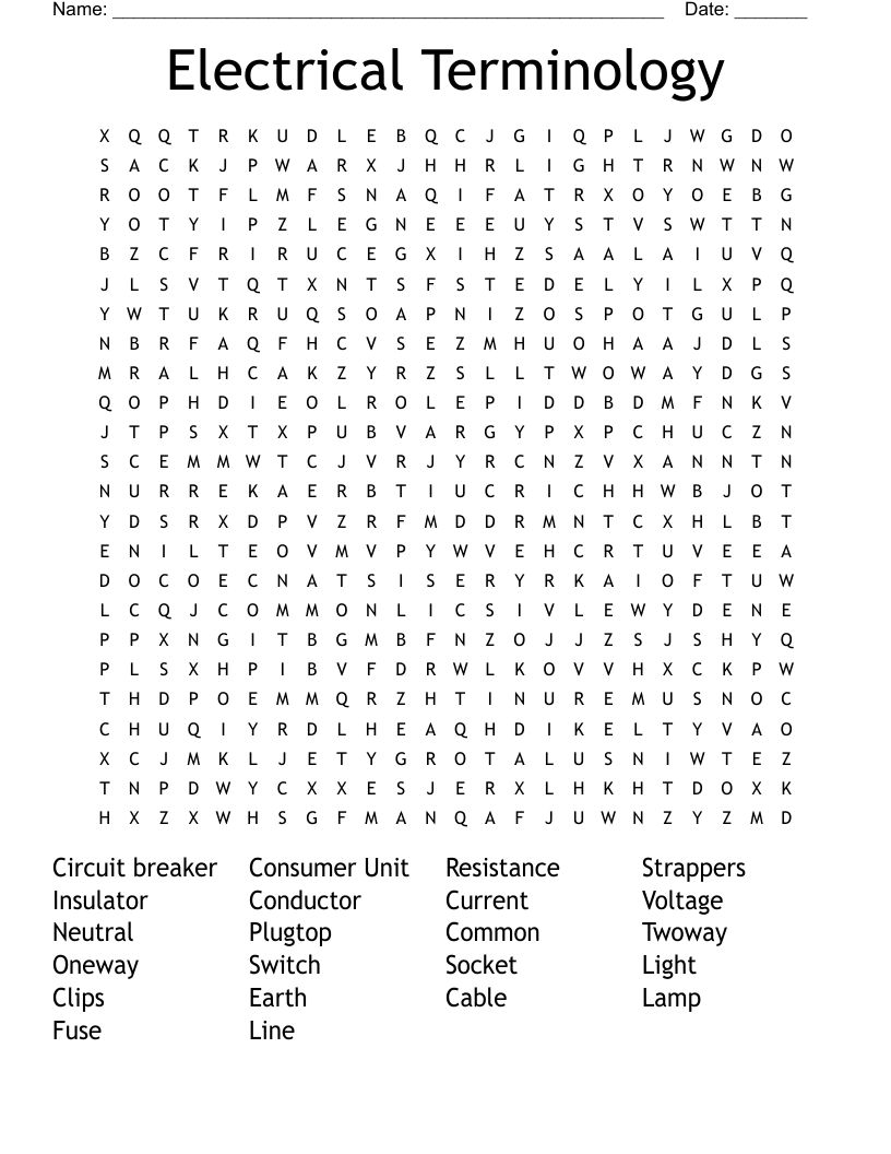 Electrical Terminology Word Search WordMint