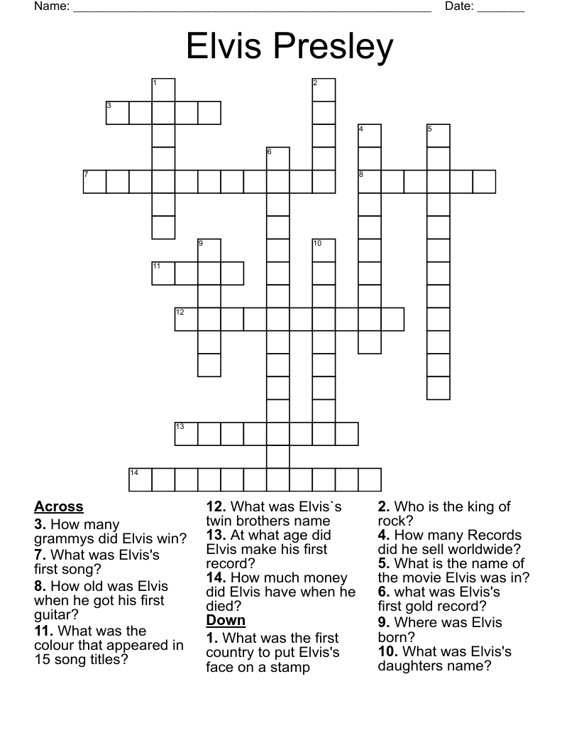 Elvis Presley Crossword WordMint